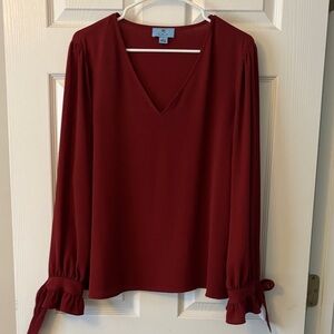 CeCe Deep Red V-Neck Blouse with Tie Sleeves